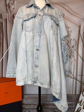 BEN TAVERNITI UNRAVEL PROJECT -Light Wash Distressed Asymmetrical Denim Jacket